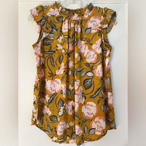 LOFT Outlet Mustard Yellow Floral Sleeveless Blouse with Flutter Sleeves